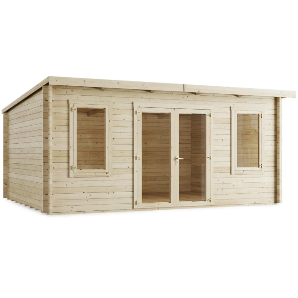 BillyOh Fraya 5m x 4m Log Cabin Summer House Shed with Standard Treatment Wood, Modern Pent Roof, Double Doors & Shatterproof Windows – Garden Room