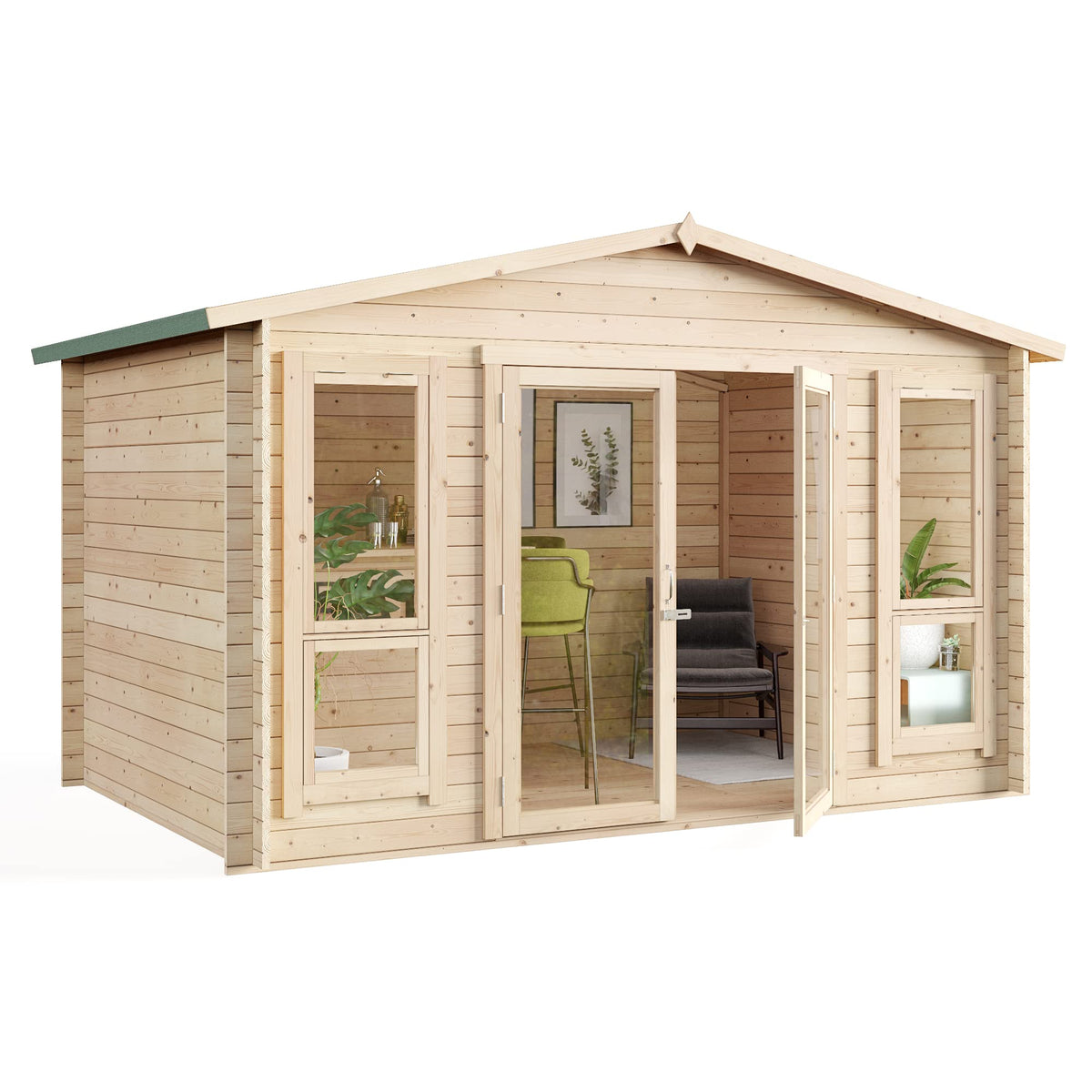 BillyOh Sasha 12 x 8 Log Cabin Summer House Shed – Wooden Garden Room with Apex Roof, Double Doors, Floor, Roof & Felt | Outdoor Office, Home Studio